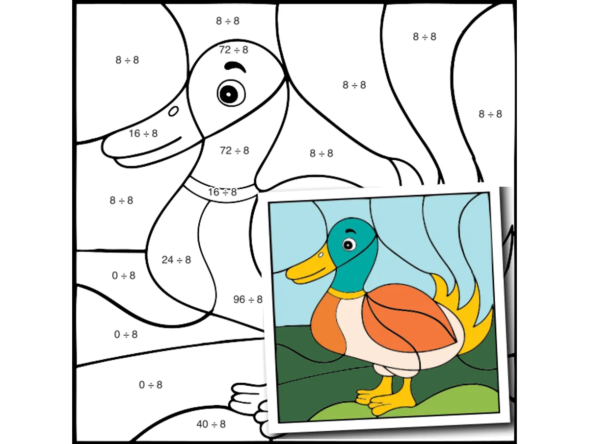 Worksheet preview: div by 8 Color by Number — Farm Animal Goose - Page 1 of 1