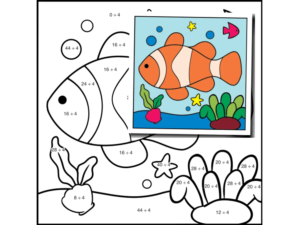 Worksheet preview: div by 4 Color by Number — fish 18 - Page 1 of 1