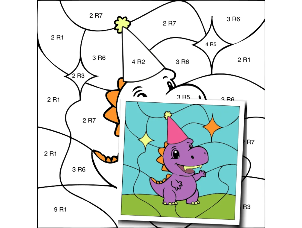 Worksheet preview: Division with Remainders Color by Number — Dinosaur Wearing a Party Hat - Page 1 of 1