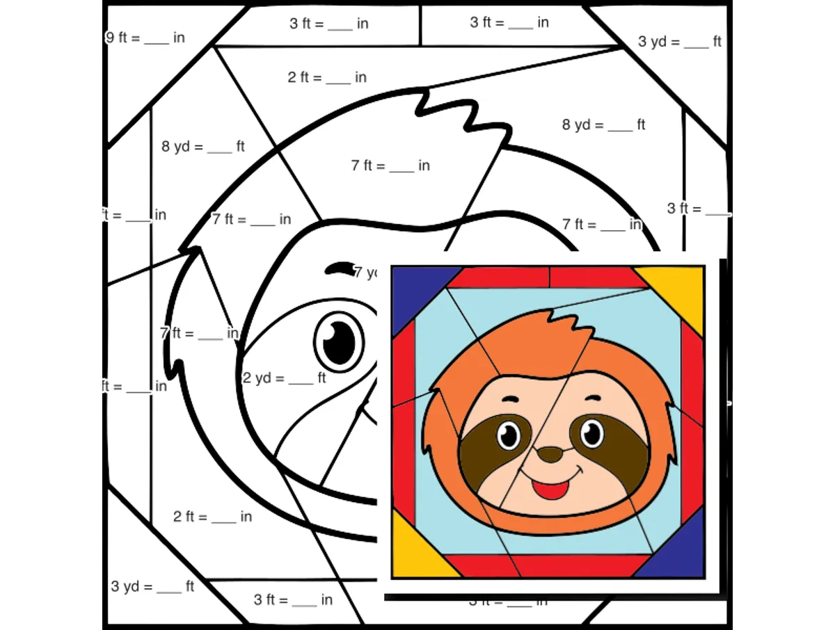 Worksheet preview: Customary Length Color by Number — Animal face - Sloth - Page 1 of 1