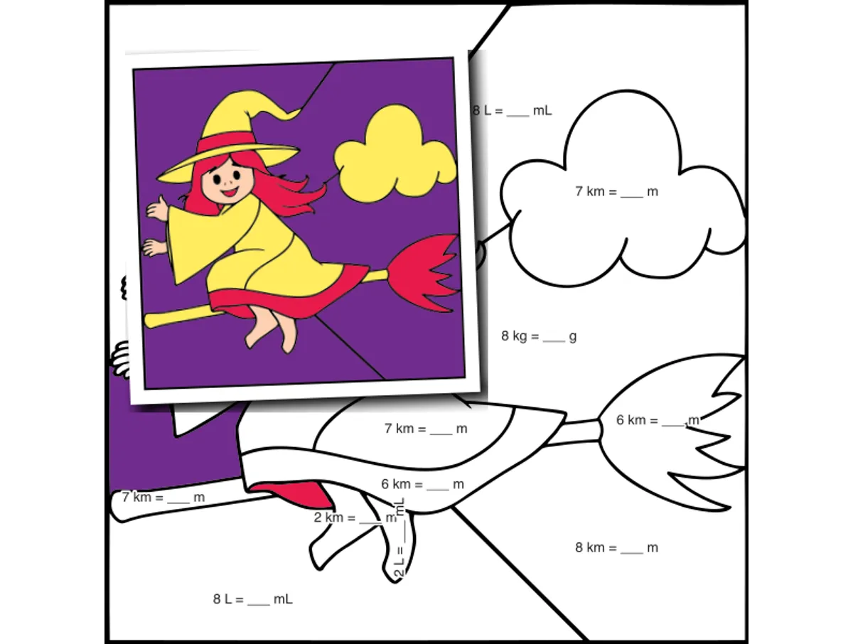 Worksheet preview: Metric Conversions Color by Number — Witch Riding a Broom - Page 1 of 1