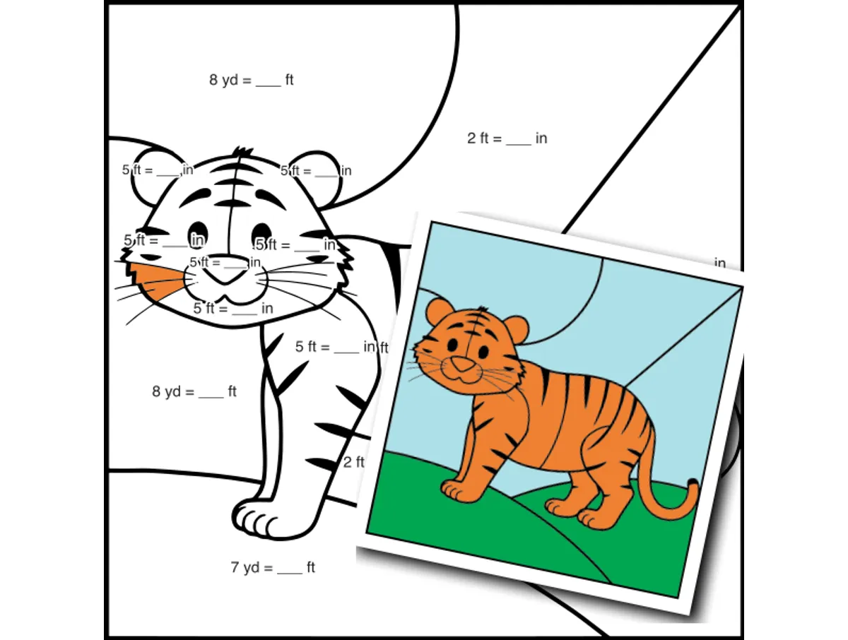 Worksheet preview: Customary Length Color by Number — Zoo Animal Tiger - Page 1 of 1