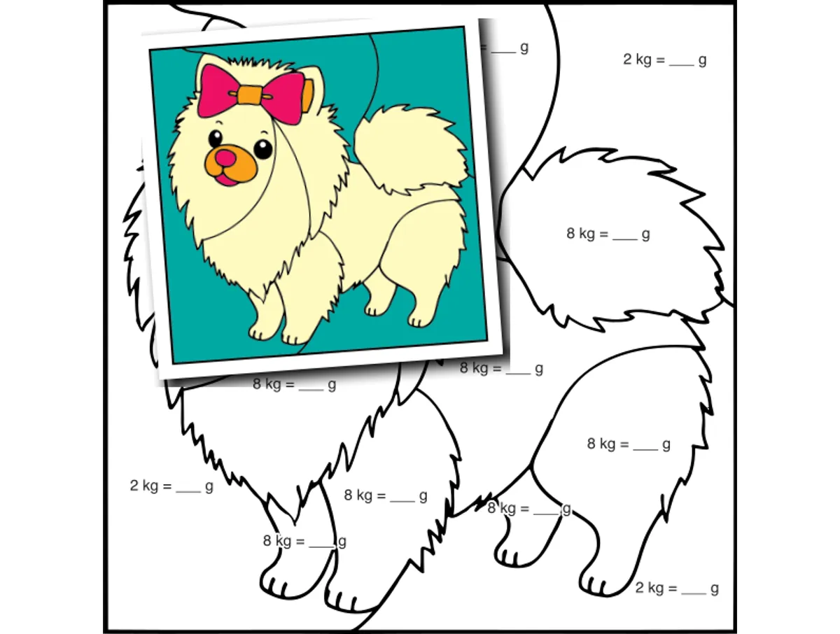 Worksheet preview: Metric Mass Color by Number — Pomeranian Dog - Page 1 of 1