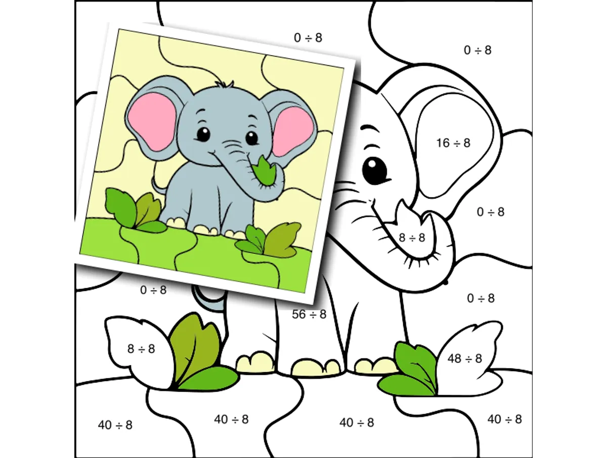 Worksheet preview: div by 8 Color by Number — Elephant Eating Leaves Happily - Page 1 of 1