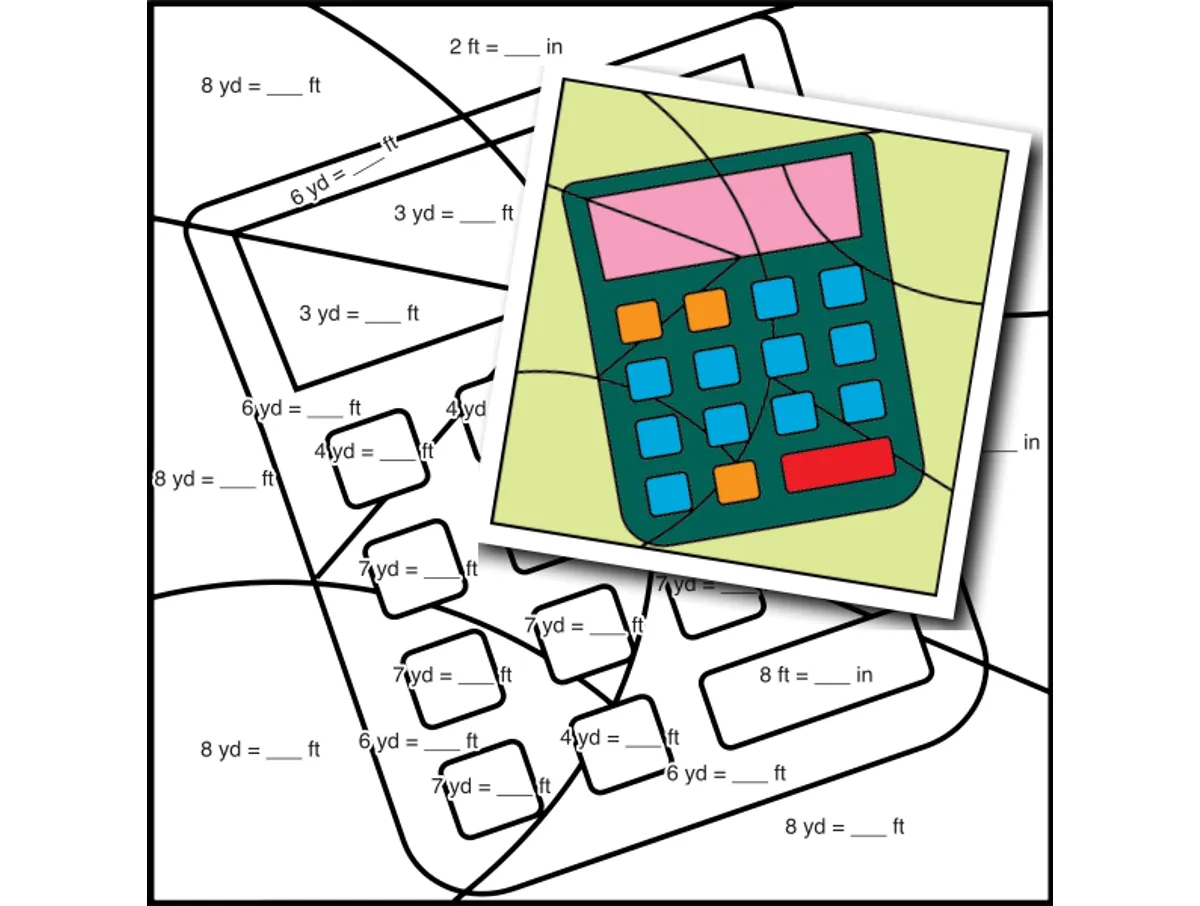 Worksheet preview: Customary Length Color by Number — Calculator - Page 1 of 1