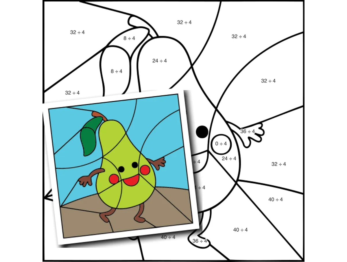 Worksheet preview: div by 4 Color by Number — Pears - Page 1 of 1
