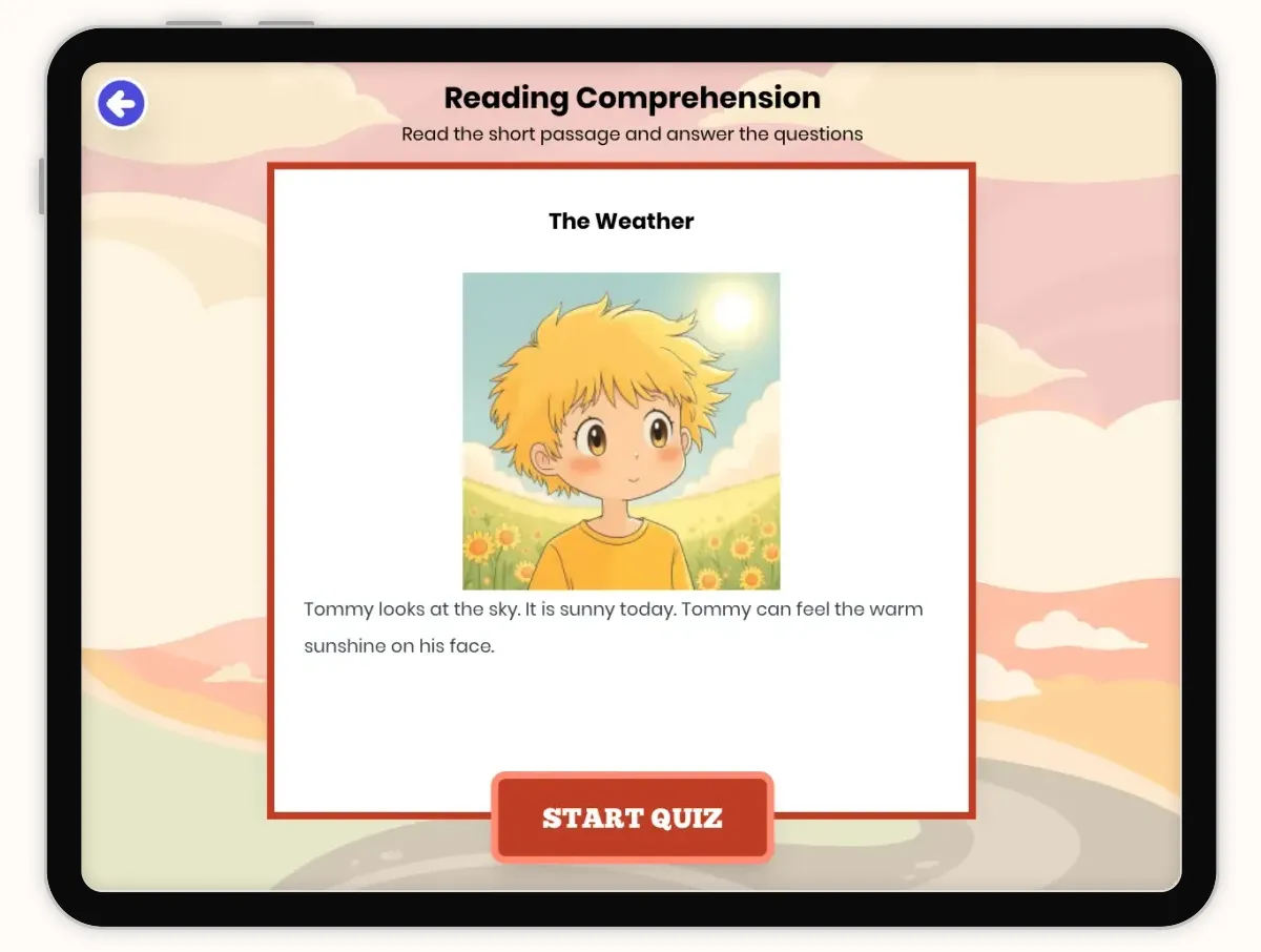 Interactive — Reading Comprehension preview: The Weather covering RF.1.4.A, RF.1.4.B, RI.1.1, RI.1.2, RI.1.3 standards - Page 1 of 1