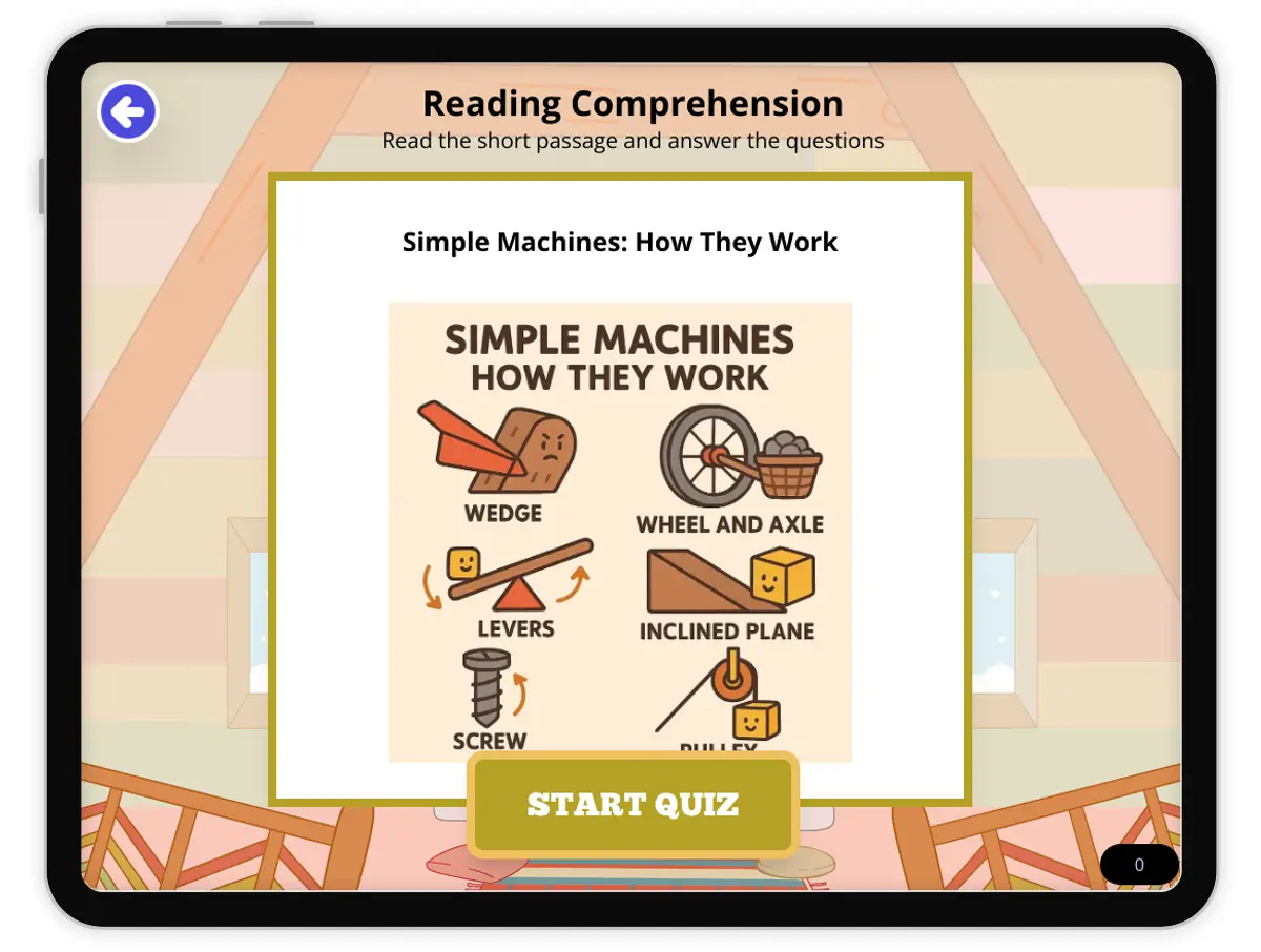 Interactive — Reading Comprehension preview: Simple Machines: How They Work covering RI.4.2, RI.4.3, RI.4.4, RI.5.1, RI.5.3, RI.5.4 standards - Page 1 of null