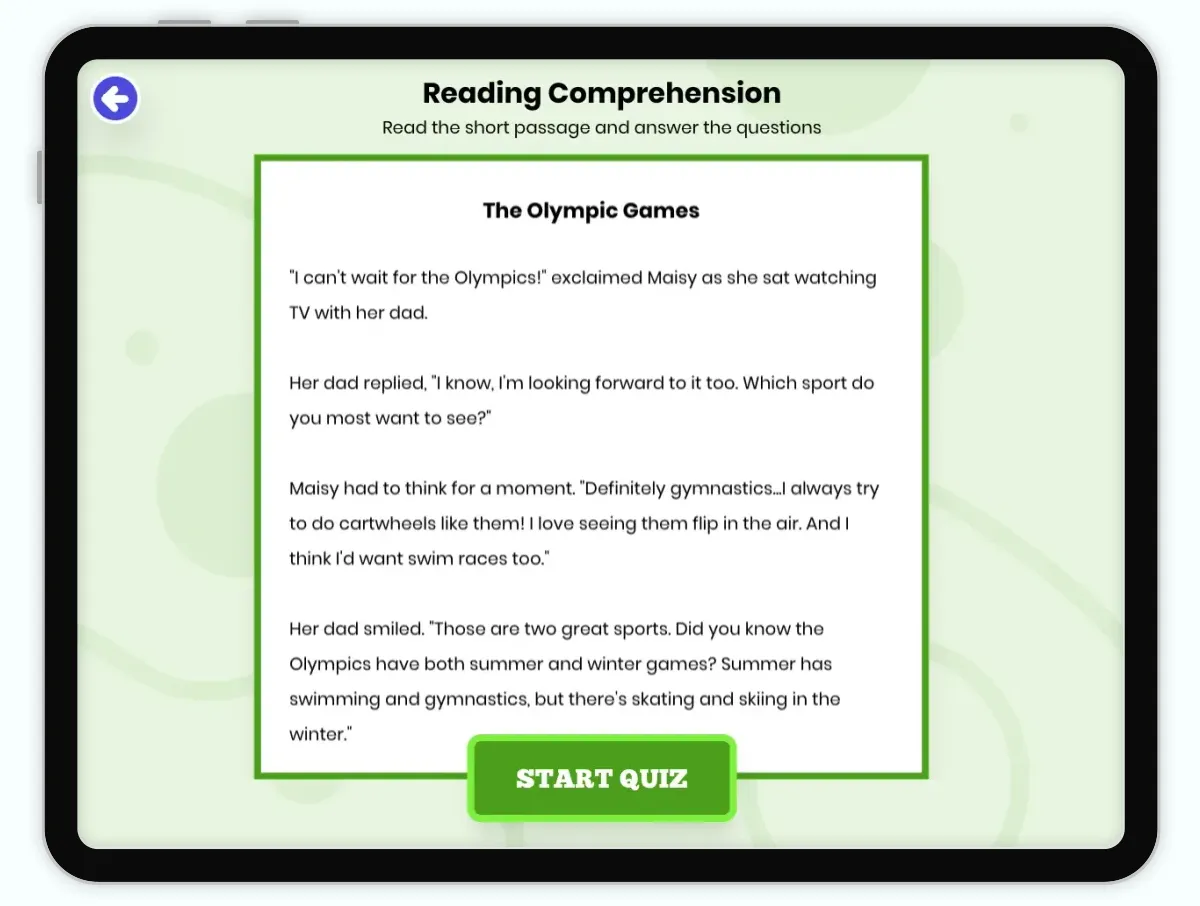 Interactive — Reading Comprehension preview: The Olympic Games covering RL.2.10, RL.3.10, RL.3.1, RL.2.2, RL.3.2, RI.3.10, RL.3.3, RL.1.10 standards - Page 1 of 1