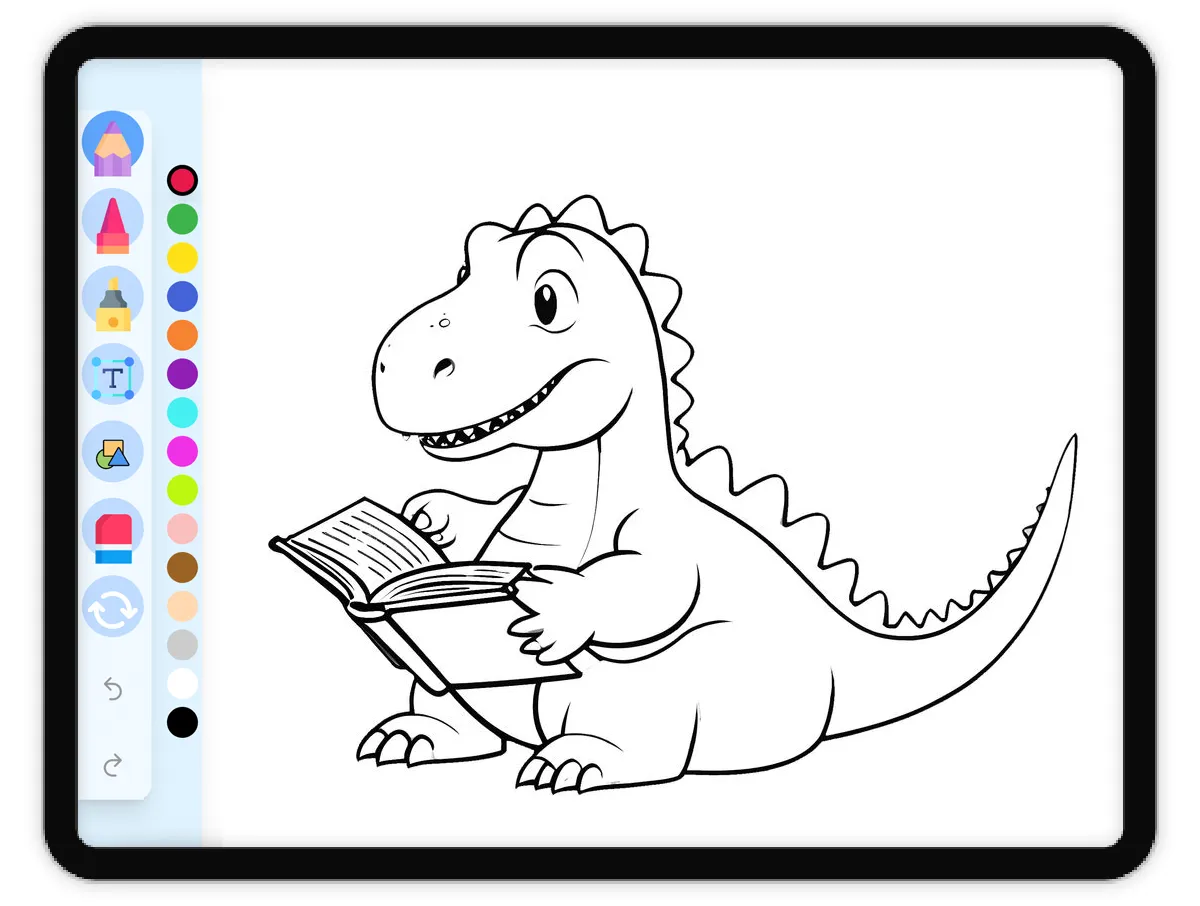 Interactive coloring page preview: Dino's Reading an upside down Book - A fun educational coloring activity - Page 1