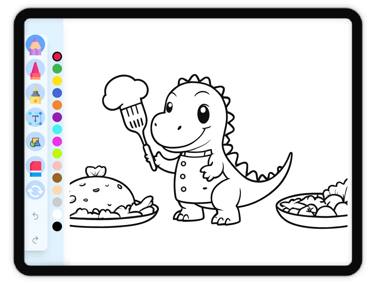 Interactive coloring page preview: Dino's Yummy Cooking - A fun educational coloring activity - Page 1