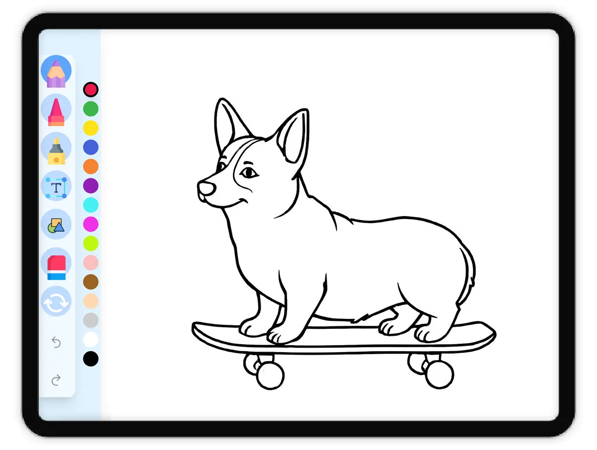 Interactive coloring page preview: Corgi on Skateboard - A fun educational coloring activity - Page 1