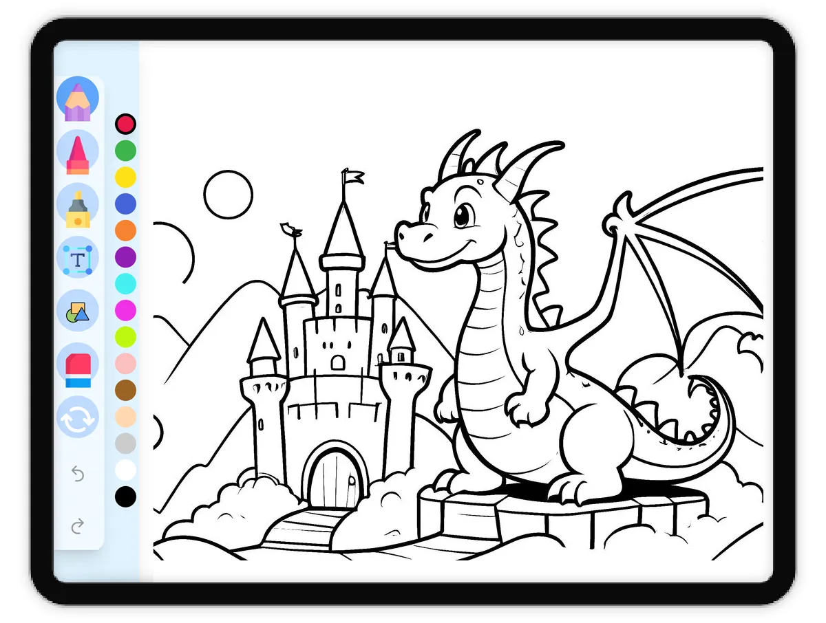 Interactive coloring page preview: Dragon and Castle - A fun educational coloring activity - Page 1