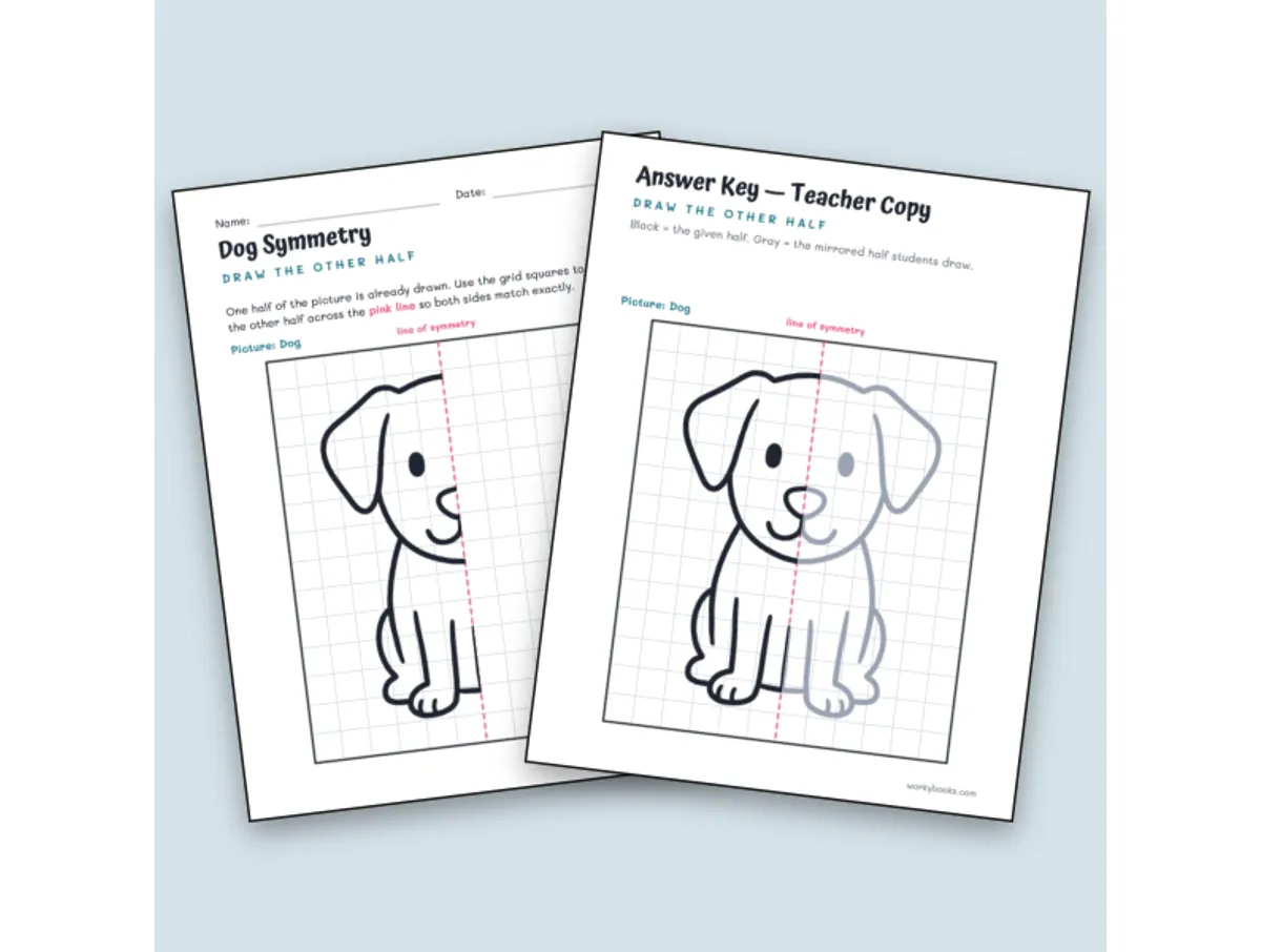 Worksheet preview: Dog Symmetry Worksheet – Draw the Other Half - Page 1 of null