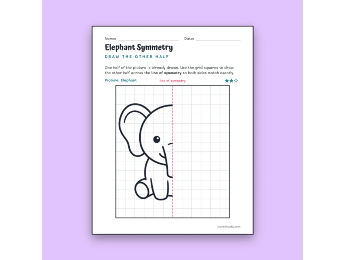 Worksheet preview: Elephant Symmetry Worksheet – Draw the Other Half - Page 1 of null