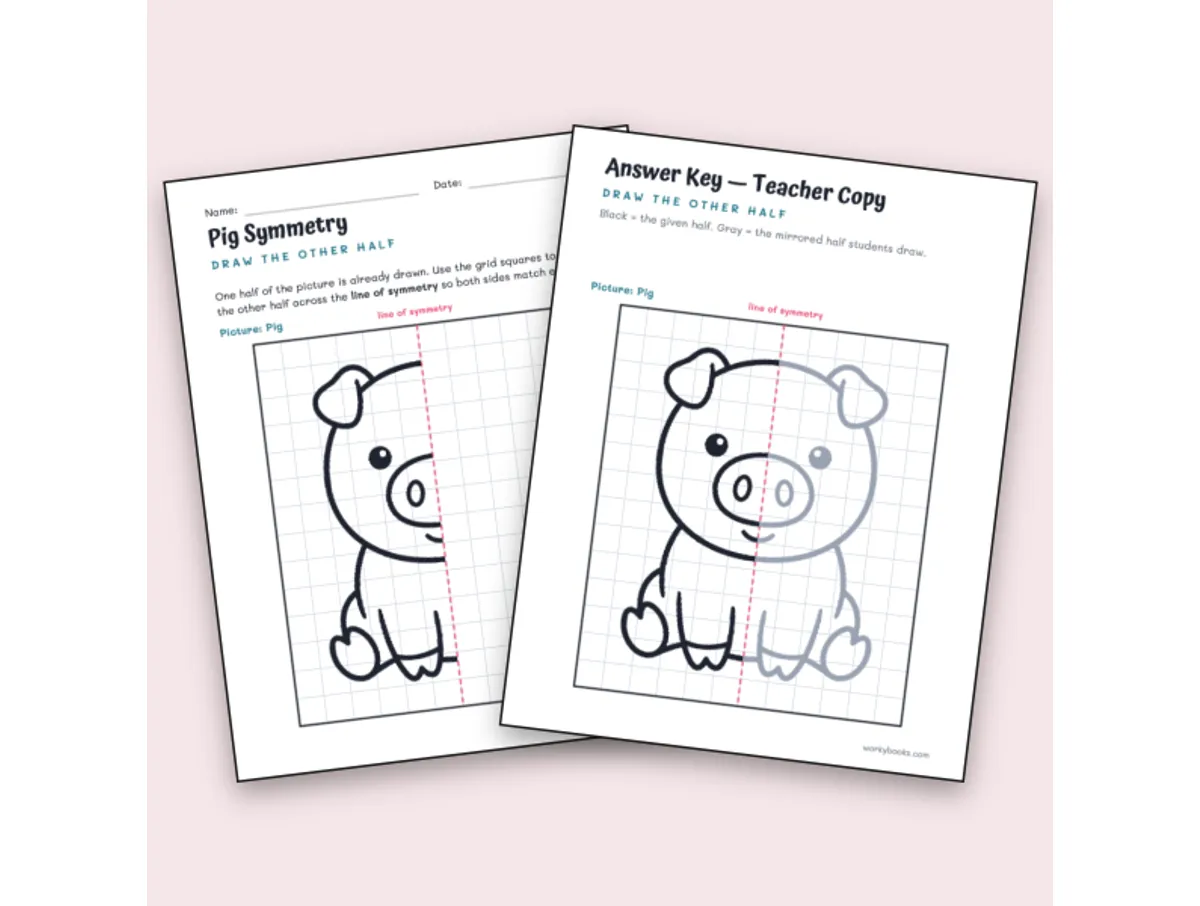 Worksheet preview: Pig Symmetry Worksheet – Draw the Other Half - Page 1 of null