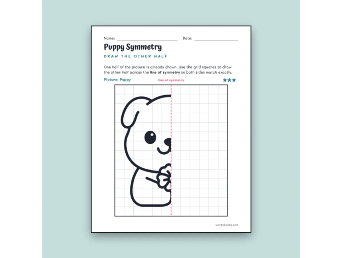 Worksheet preview: Puppy Symmetry Worksheet – Draw the Other Half - Page 1 of null