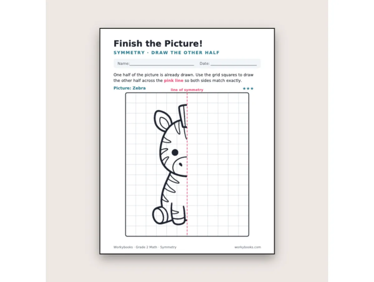 Worksheet preview: Zebra Symmetry Worksheet – Draw the Other Half - Page 1 of null