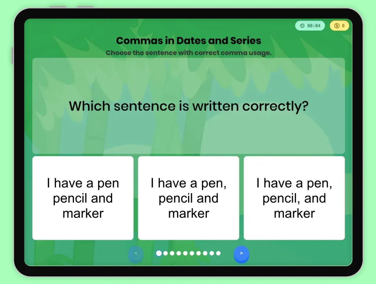Interactive Game preview: Commas in a Series with Dates covering L.1.2.C standards - Page 1 of 1
