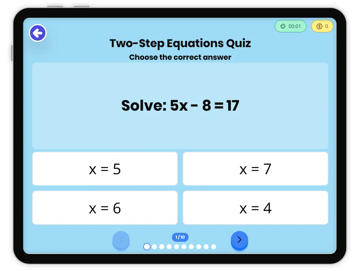 Game preview: Two-Step Equations Quiz - Page 1 of undefined