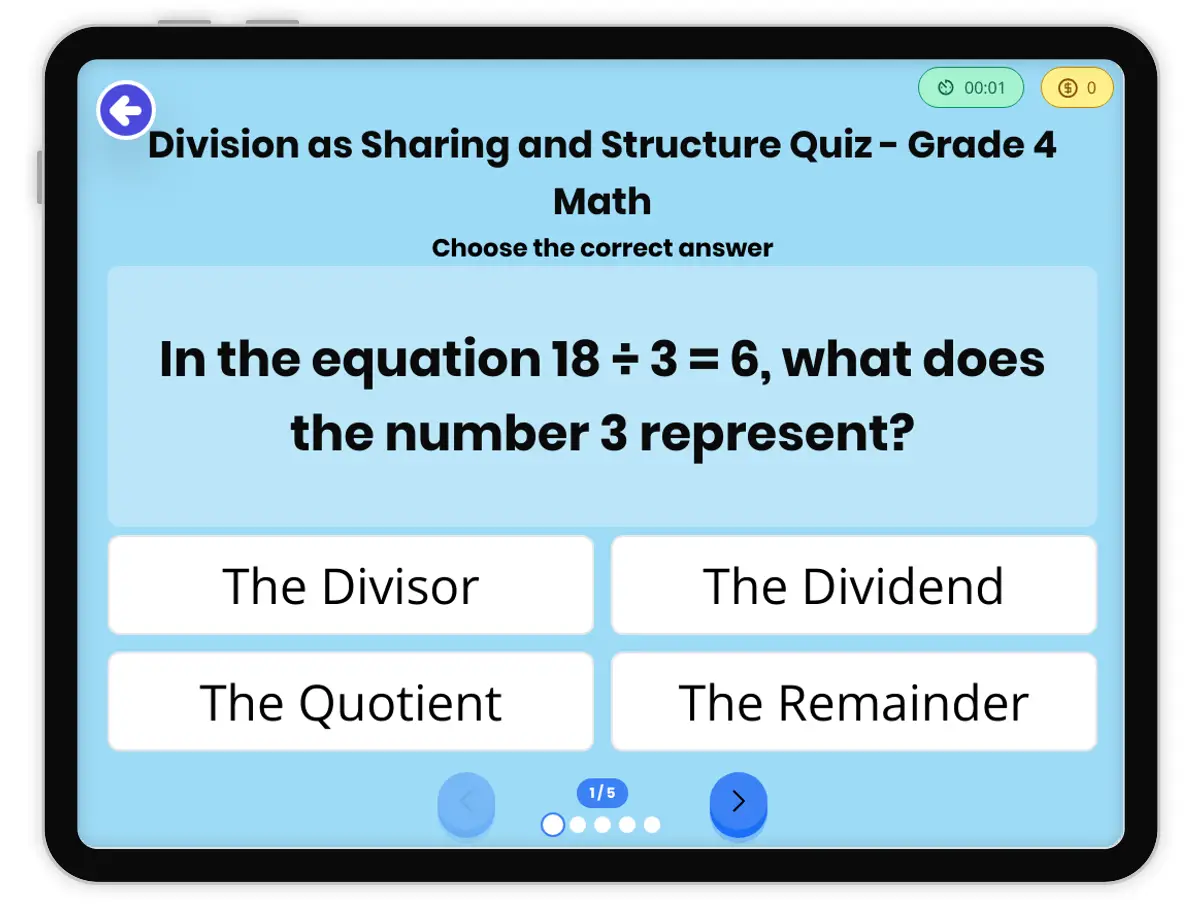 Game preview: Division as Sharing and Structure Quiz - Grade 4 Math - Page 1 of undefined