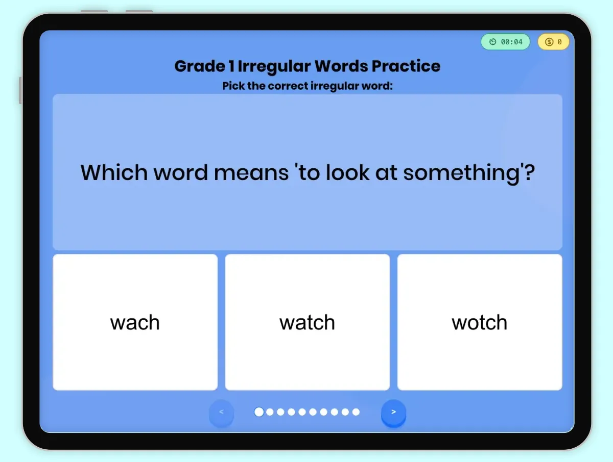 Interactive Game preview: Irregular Words Practice covering RF.1.3.G standards - Page 1 of 1