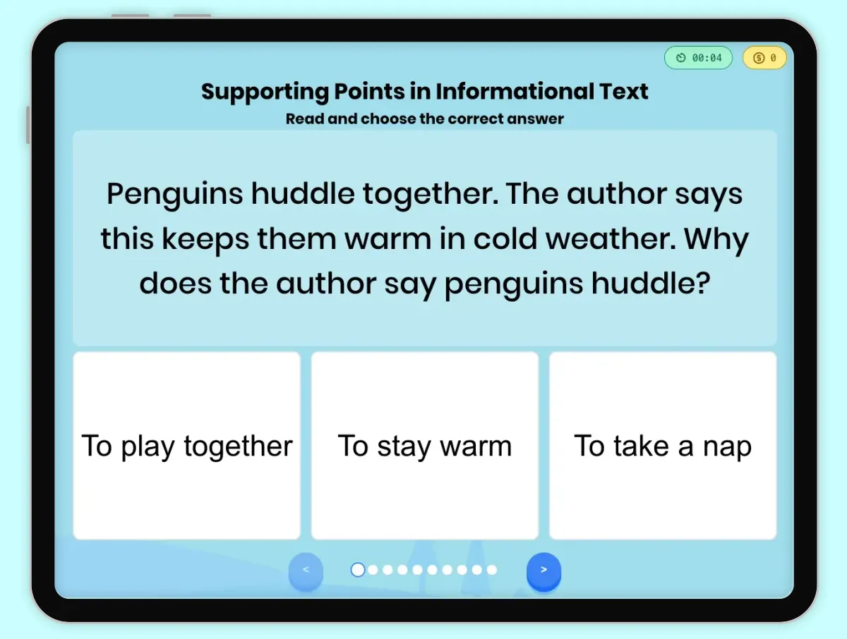 Interactive Game preview: Supporting Points in Informational Text covering RI.1.8, RI.1.1, RI.1.2 standards - Page 1 of 1