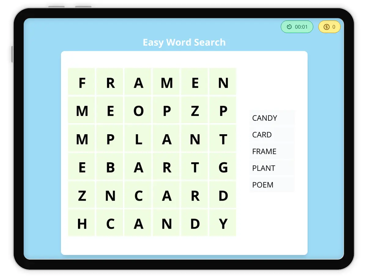 Interactive Game preview: Gifts for Mom Word Search covering L.1.1.E, L.1.5.D, RF.1.3 standards - Page 1 of 1