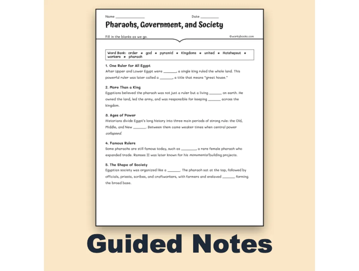 Worksheet preview: Pharaohs, Government, and Society - Page 1 of null