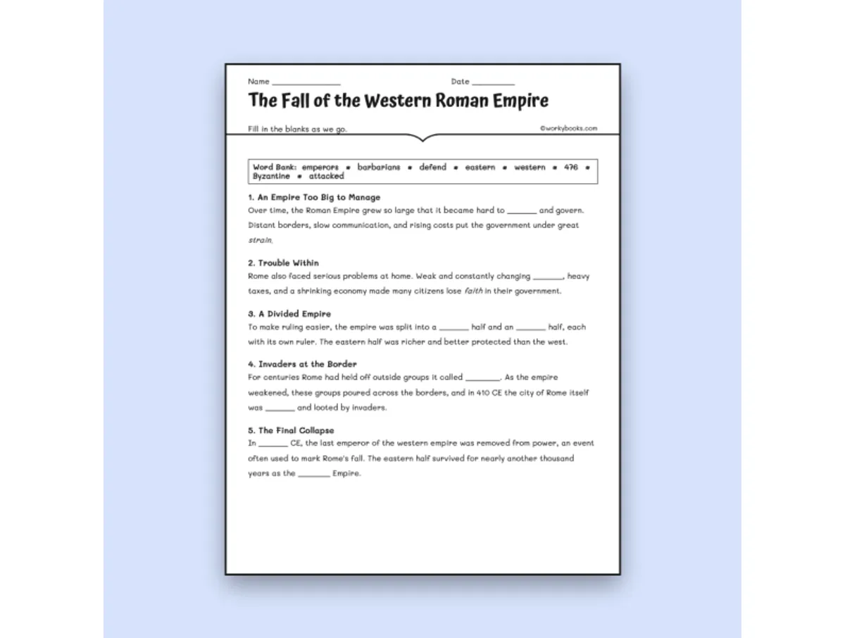 Worksheet preview: The Fall of the Western Roman Empire - Page 1 of null