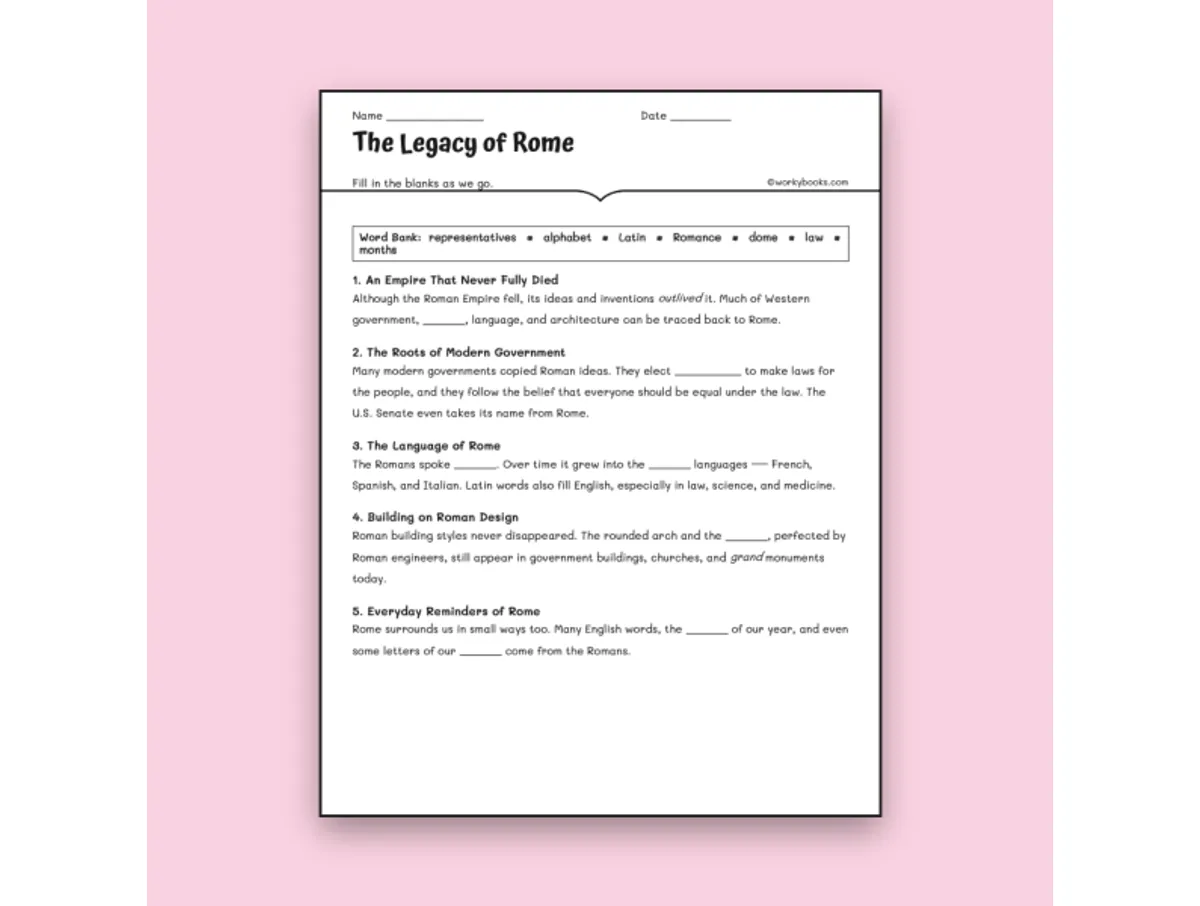 Worksheet preview: The Legacy of Rome - Page 1 of null