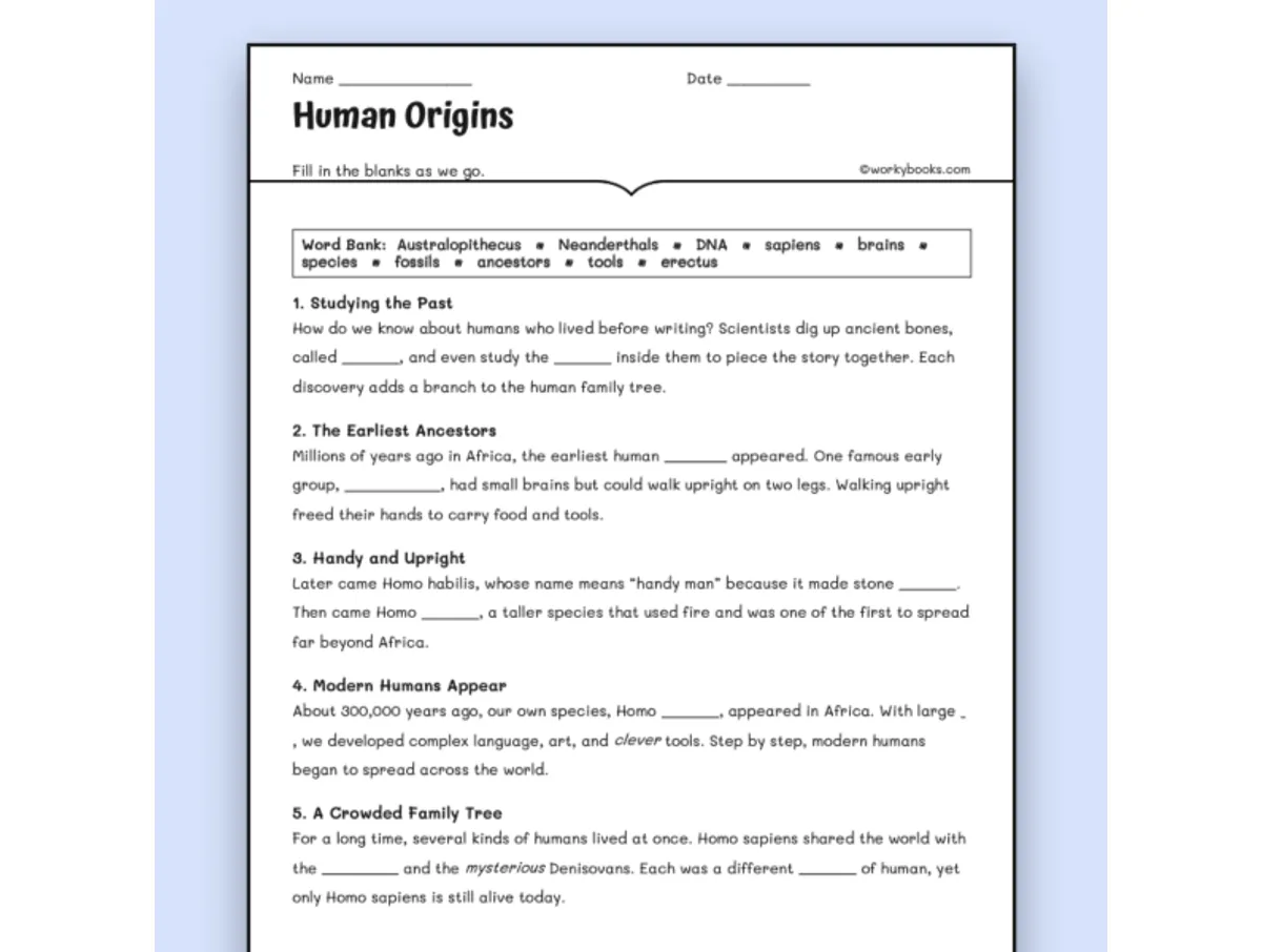 Worksheet preview: Human Origins - Page 1 of null