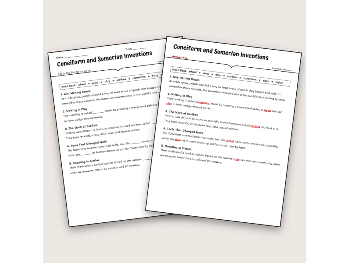 Worksheet preview: Cuneiform and Sumerian Inventions - Page 1 of null