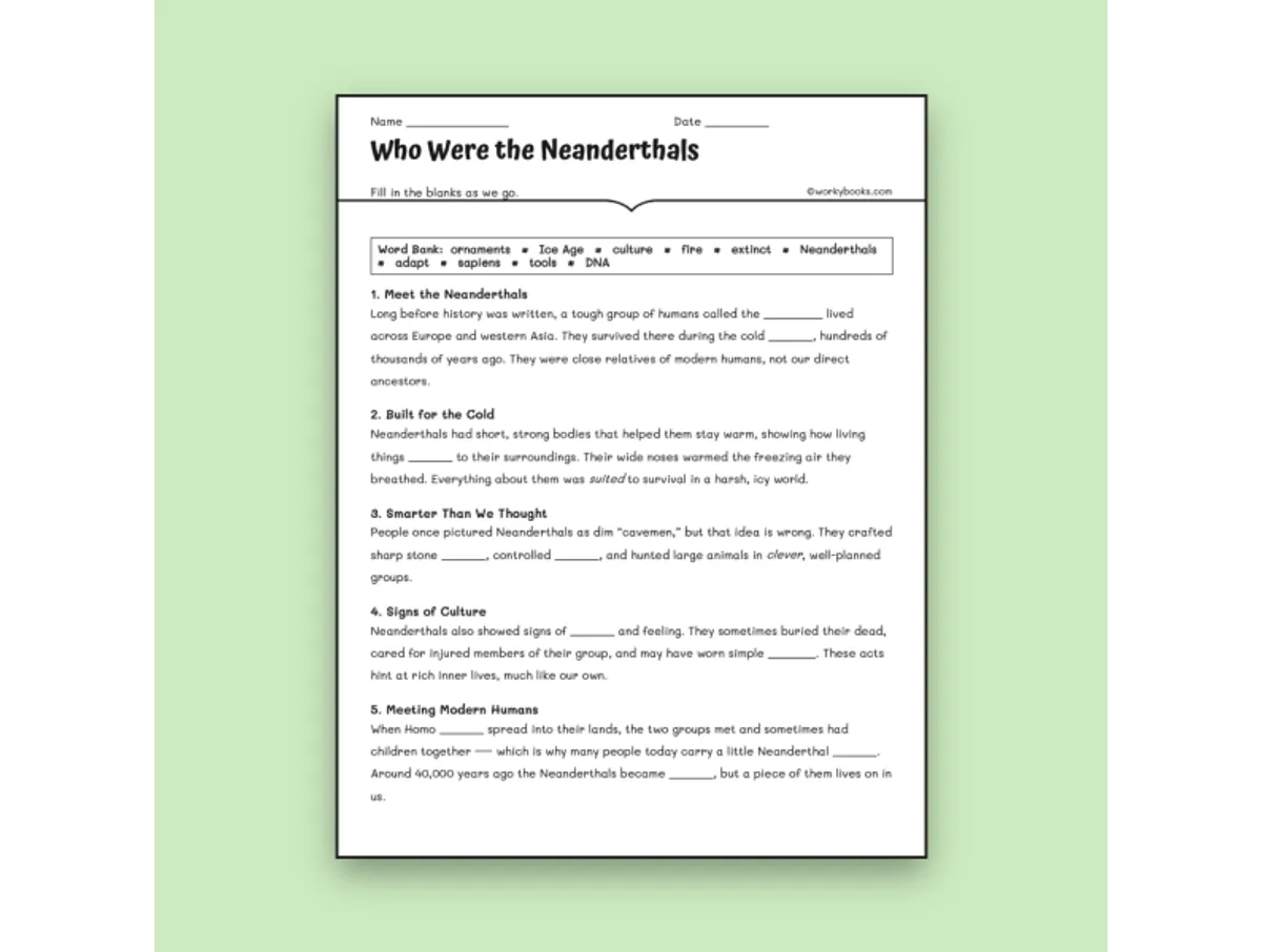 Worksheet preview: Meet the Neanderthals - Page 1 of null