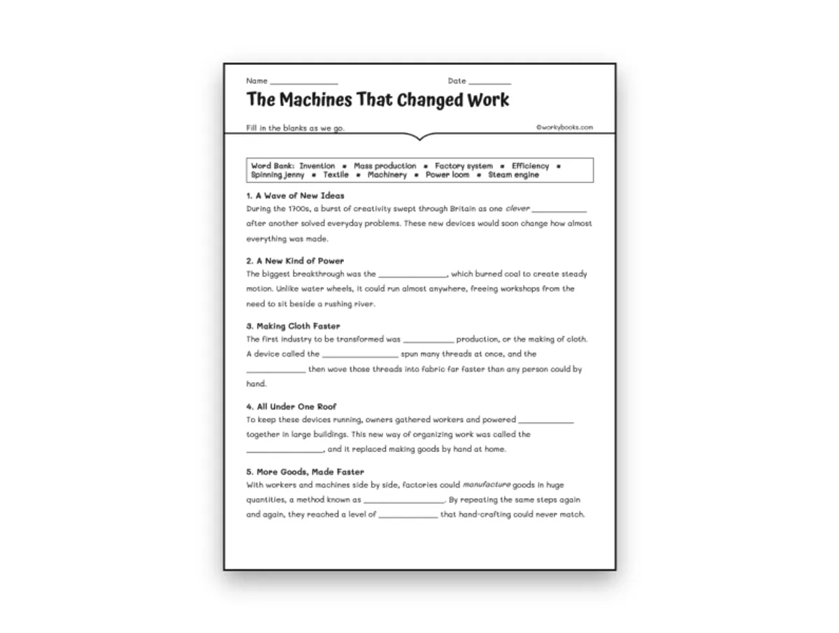 Worksheet preview: The Machines That Changed Work - Page 1 of null