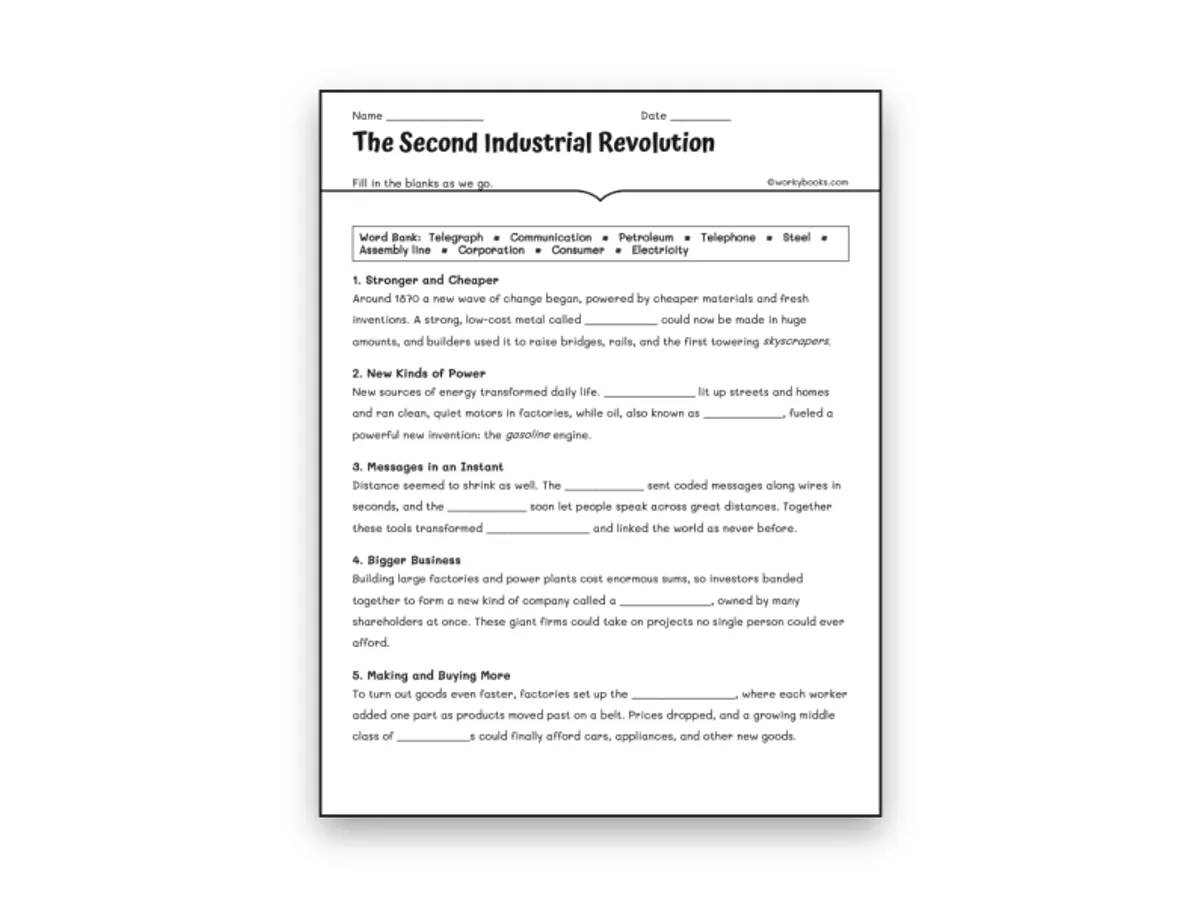 Worksheet preview: The Second Industrial Revolution - Page 1 of null