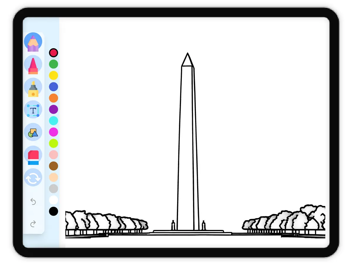Interactive coloring page preview: Washington Monument - A fun educational coloring activity - Page 1