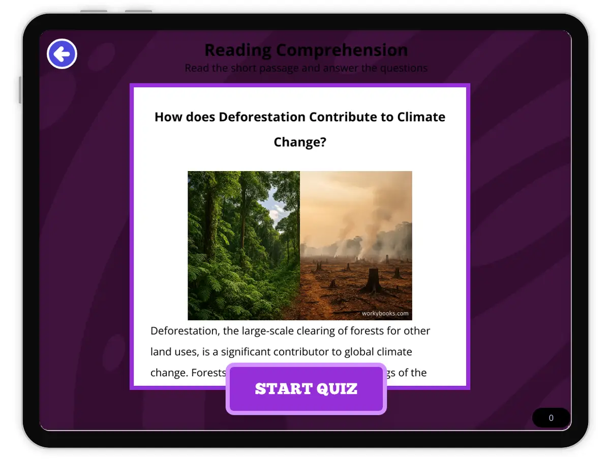 Interactive — Reading Comprehension preview: How does Deforestation Contribute to Climate Change? covering  standards - Page 1 of null