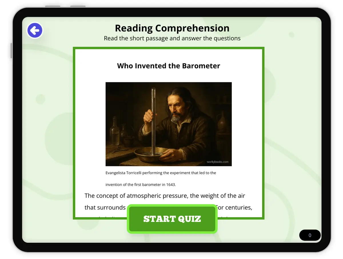 Interactive — Reading Comprehension preview: Who Invented the Barometer covering  standards - Page 1 of null