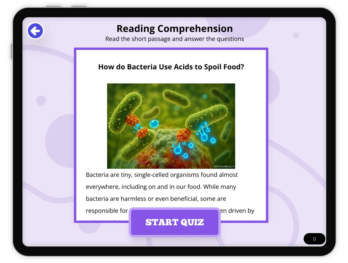 Interactive — Reading Comprehension preview: How do Bacteria Use Acids to Spoil Food? covering  standards - Page 1 of null
