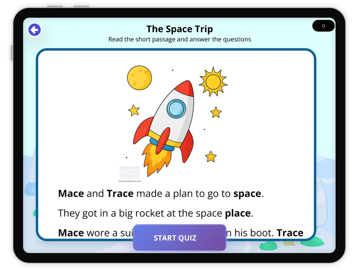 Interactive — Reading Comprehension preview: The Space Trip — Decodable -ace covering  standards - Page 1 of null