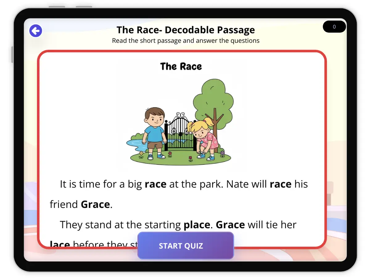 Interactive — Reading Comprehension preview: The Race— Decodable -ace covering  standards - Page 1 of null