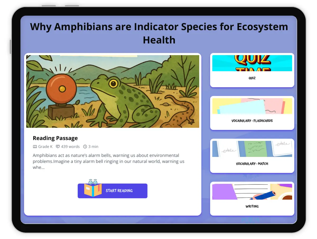 Interactive — Reading Comprehension preview: Why Amphibians are Indicator Species for Ecosystem Health covering  standards - Page 1 of 1