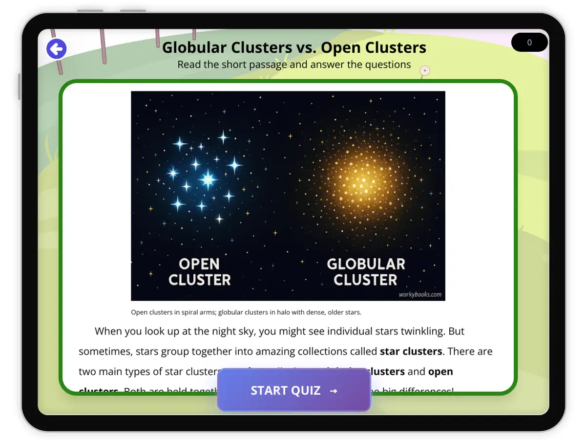 Interactive — Reading Comprehension preview: Globular Clusters vs. Open Clusters covering  standards - Page 1 of 1