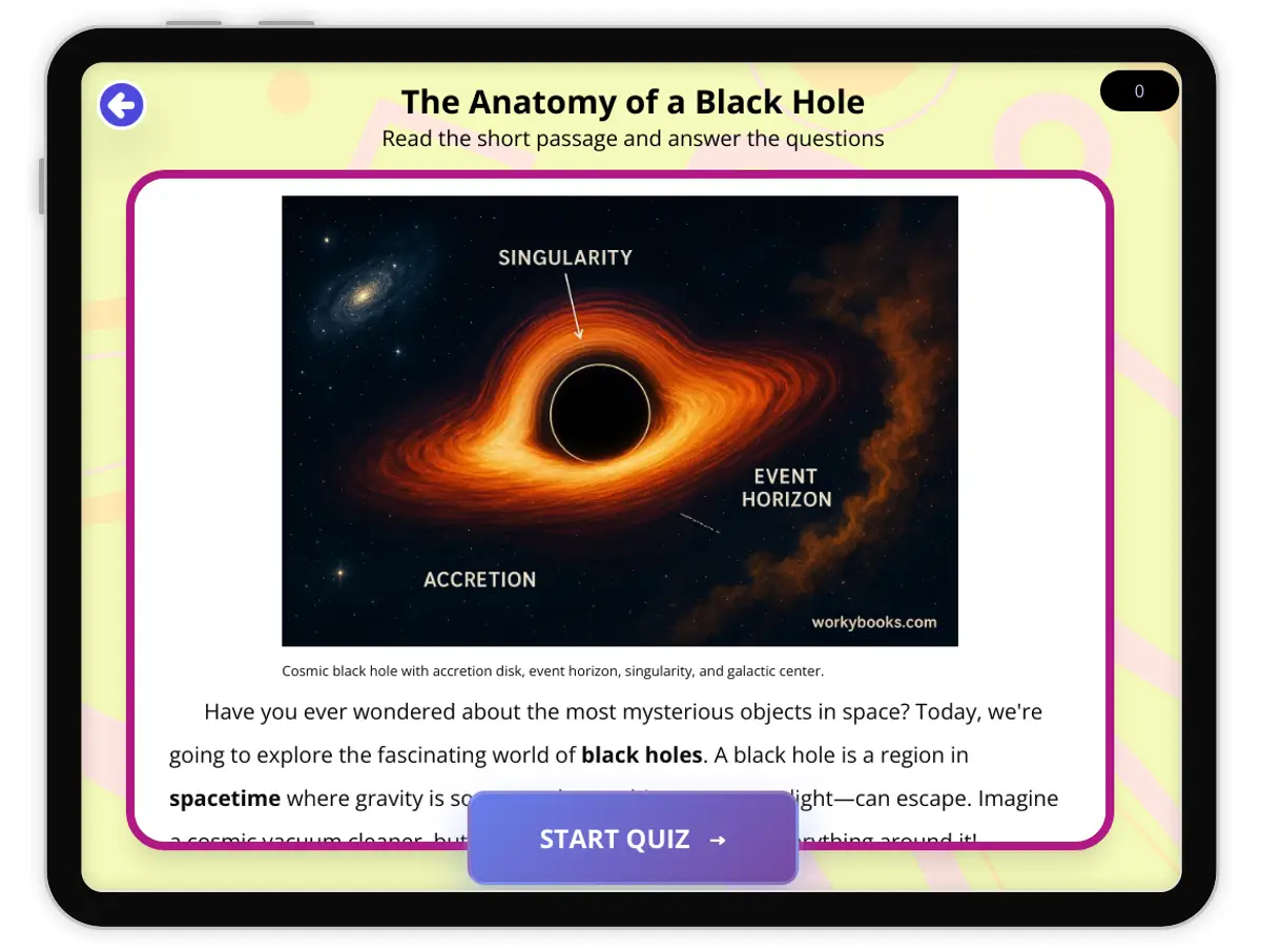 Interactive — Reading Comprehension preview: The Anatomy of a Black Hole covering  standards - Page 1 of 1