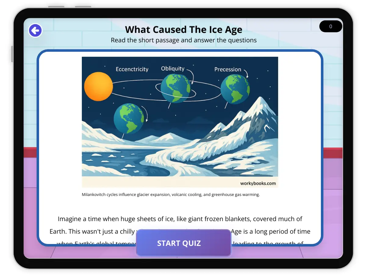 Interactive — Reading Comprehension preview: What Caused The Ice Age covering  standards - Page 1 of 1
