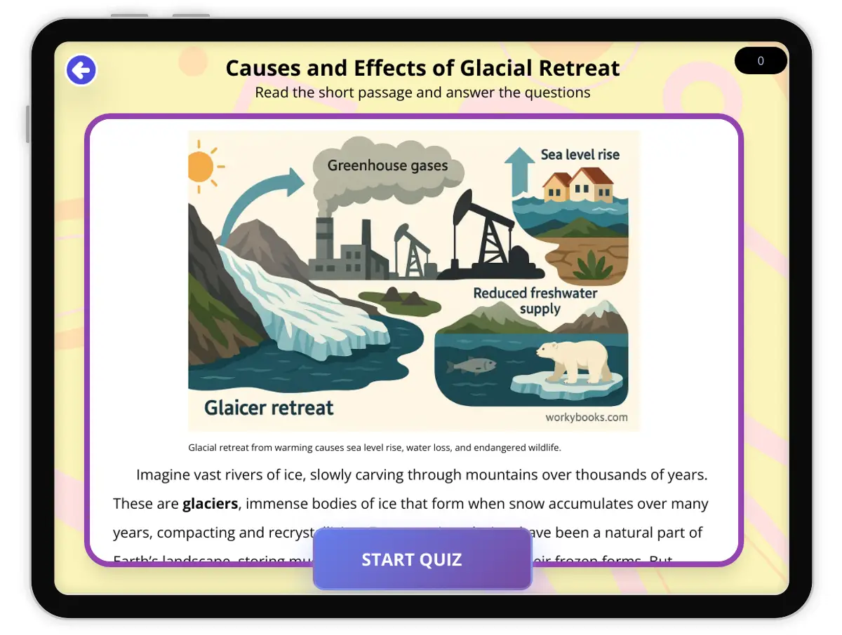 Interactive — Reading Comprehension preview: Causes and Effects of Glacial Retreat covering  standards - Page 1 of 1