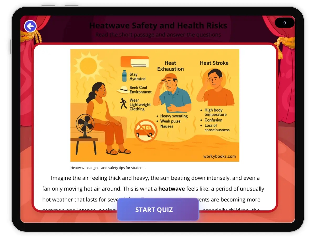Interactive — Reading Comprehension preview: Heatwave Safety and Health Risks covering  standards - Page 1 of 1