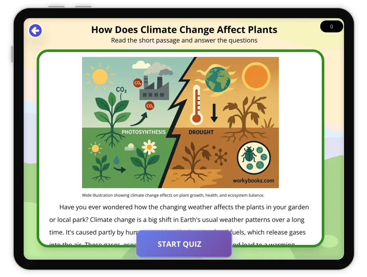 Interactive — Reading Comprehension preview: How Does Climate Change Affect Plants covering  standards - Page 1 of 1