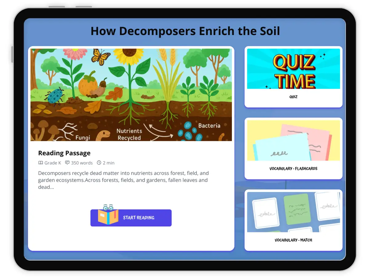 Interactive — Reading Comprehension preview: How Decomposers Enrich the Soil covering  standards - Page 1 of 1